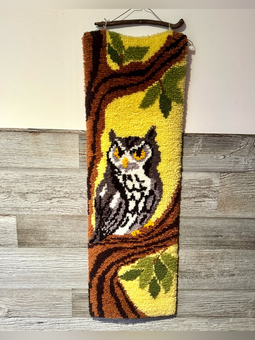 Vintage 1970s Latch Hook Owl Wall Hanging Retro Woodland Fiber Art